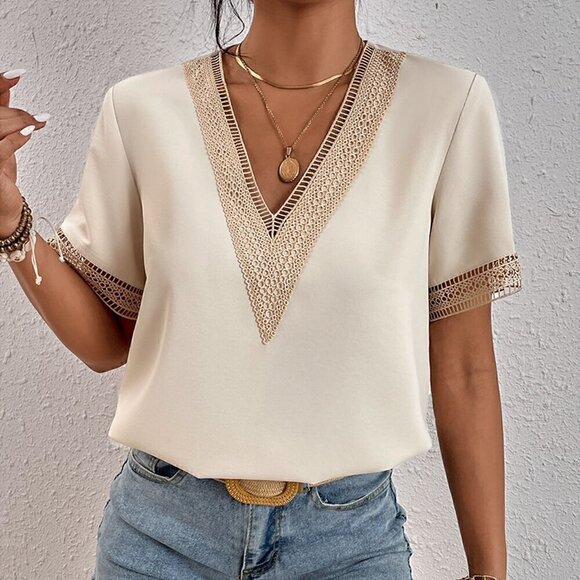 Casual Women's Contrast Guipure Lace Blouse Apricot - Picture 4 of 6